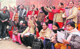 ETT candidates protest at BDO office at Rajpura on Friday.