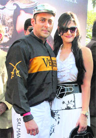 Actors Salman Khan and Zarine Khan at a promotional horse race for his movie Veer in Mumbai.