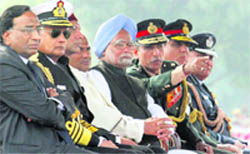 Prime Minister Manmohan Singh with Defence Minister AK Antony, three Service chiefs and others during the NCC rally at the Garrison Parade Ground in New Delhi