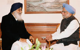 Punjab Chief Minister Parkash Singh Badal with Prime Minister Manmohan Singh in New Delhi on Friday.