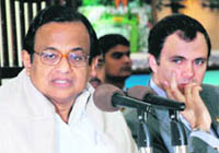 Home Minister P Chidambaram with CM Omar Abdullah while addressing mediapersons in Jammu on Wednesday.