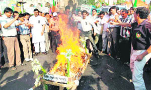 Irate BJP supporters burn an effigy of the UPA government in Kolkata on Saturday.
