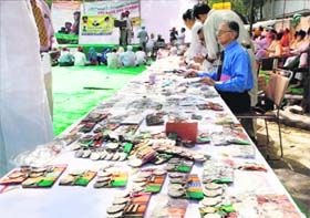 Ex-servicemen deposit their medals for surrender to the President at a protest movement for their demands of one rank, one pension and other welfare measures at Jantar Mantar in New Delhi
