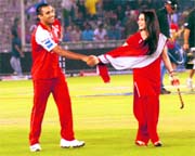 Preity Zinta in a cheerful mood during the first IPL III match in Mohali on Saturday.