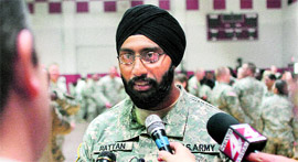US Army Capt Tejdeep Singh Rattan speaks to journalists at the US Army officer basic training graduation ceremony at Fort Sam Houston in San Antonio on Monday.