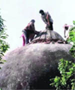 Kar sevaks demolishing the Babri Masjid on December 6, 1992. 