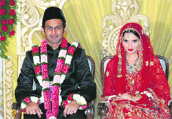 Sania Mirza and Pakistan cricketer Shoaib Malik after their nikah in Hyderabad on Monday.