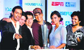 Bollywood actors Akshay Kumar, Lara Dutta, Arjun Rampal, Riteish Deshmukh and Sajid Khan with irector Sajid (3rd L) during an event in Mumbai on Wednesday.