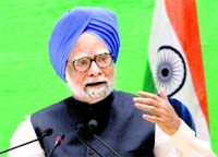 Prime Minister Manmohan Singh at a press conference on the completion of one year by his government at Vigyan Bhavan in New Delhi on Monday.