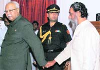 Jharkhand Governor MOH Farooq with Chief Minister and JMM chief Shibu Soren before a meeting in Ranchi on Monday.