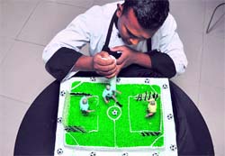 A baker decorates a birthday cake in the shape of a soccer ground in Ludhiana on Thursday as fever for the game picked up on the eve of the FIFA World Cup in South Africa