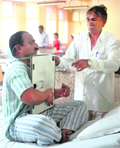 A fireman being treated at a hospital 