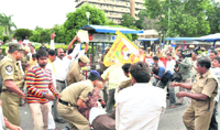The police stops TDP corporators trying to enter the AP Secretariat to protest against the arrest of party chief N Chandra Babu Naidu in Hyderabad