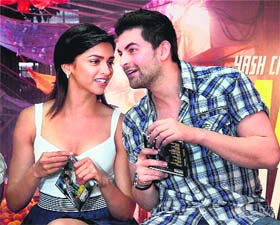Bollywood actors Neil Nitin Mukesh and Deepika Padukone at the music launch of Yash Raj's upcoming film Lafangey Parindey at Yash Raj Studio in Mumbai