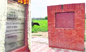 The plaque on the day of inauguration (left), which has now gone missing at the site for the Garden of Conifers at Sector 52 in Chandigarh.