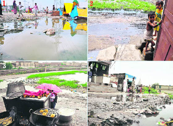 (1) Slum dwellers live amidst contaminated water. (2) Children play next to an uncovered manhole. (3) A vendor sells eatables in unhealthy conditions. (4) Waterlogging on the streets as the civic authorities have failed to provide proper drainage in Dhandari near Ludhiana.