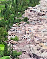 An aerial view of the Choglamsar village on the outskirts of Leh on the Leh-Kargil highway on Tuesday.