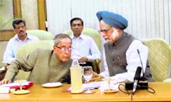 PM Manmohan Singh and FM Pranab Mukherjee at the all-party meeting on Kashmir, in New Delhi on Tuesday.