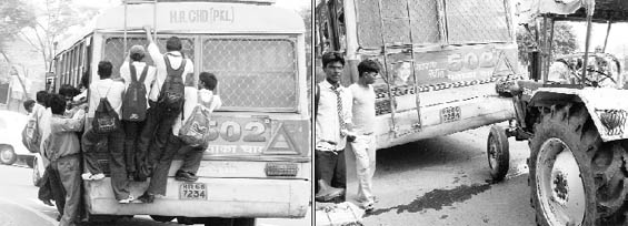 An overloaded Haryana Roadways bus near the roundabout of Sectors 16 and 17; and (right) the spot of the accident at Azad Colony in Sector 21 in Panchkula on Wednesday.