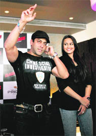 Bollywood actors Salman Khan and Sonakshi Sinha during a press conference to promote their upcoming film Dabangg 'in Bangalore on Saturday