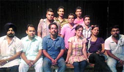 Ritu Jhingran (centre, in peach) and Ankur Sharma (in blue), with the other group members of Yuva at the Desh Bhagat Yaadgar Hall in Jalandhar.