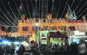 An illuminated temple on the eve of Janamashtmi in Ludhiana.