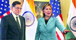 External Affairs Minister SM Krishna with US Secretary of State Hillary Clinton during a meeting on the sidelines of the 65th United Nations General Assembly in New York on Sunday.