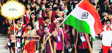 Ace shooter Abhinav Bindra leads the 619-member Indian contingent at the opening ceremony of the XIX Commonwealth Games at the Jawaharlal Nehru Stadium in New Delhi on Sunday evening.