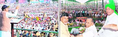 CM Bhupinder Singh Hooda addresses a rally in Rai, Sonepat on Monday; (right) INLD chief OP Chautala at a rally in Gurgaon