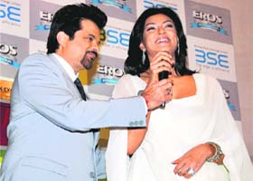 Bollywood actors Anil Kapoor and Sushmita Sen strike promote their film No Problem during the Diwali Muhurat trading at Bombay Stock Exchange in Mumbai recently