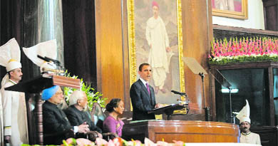 US President Barack Obama addresses Parliament in New Delhi on Monday. To his right are Speaker Meira Kumar, Vice-President Hamid Ansari and Prime Minister Manmohan Singh