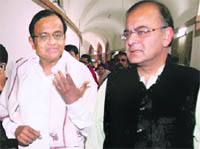 Home Minister P Chidambaram and Leader of Opposition in the Rajya Sabha Arun Jaitley after an all-party meeting at Parliament in New Delhi 