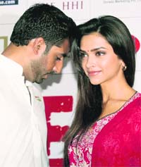 Bollywood actors Abhishek Bachchan and Deepika Padukone during a promotional event in Kolkata on Saturday.