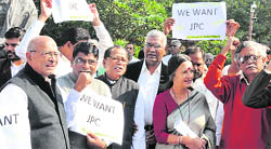 Non-NDA opposition leaders on the way to submitting a memorandum to the President demanding JPC probe into the 2G scam at Parliament House in New Delhi on Tuesday.