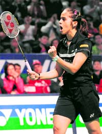 Shuttle queen Saina Nehwal reacts after beating China's Wang Shixian to win the Hong Kong Open Super Series in Hong Kong on Sunday.