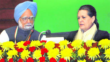 Prime Minister Manmohan Singh and AICC president Sonia Gandhi at a party meeting in New Delhi on Saturday.