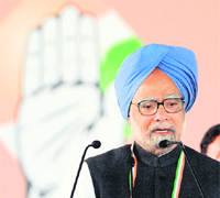 Prime Minister Manmohan Singh delivers his speech during the 83rd plenary session of the Indian National Congress in New Delhi on Monday.