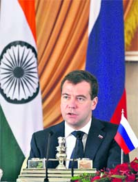 Russian President Dmitry Medvedev answers questions at Hyderabad House in New Delhi on Tuesday.