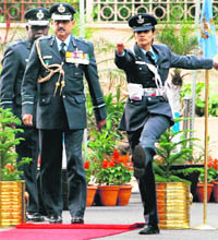 New Vice-Chief of the Indian Air Force Air Marshal NAK Browne arrives to review a guard of honour at the Airforce HQs in New Delhi on Saturday.