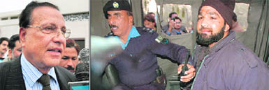 A file photo of Punjab Governor Salman Taseer (left); and the arrested  police guard sits in a police van in Islamabad on Tuesday.