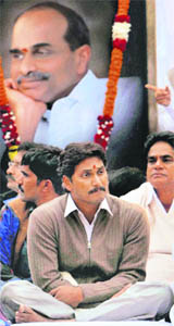 Former Congress MP Jaganmohan Reddy along with supporters during a protest dharna against Krishna Water Disputes Tribunal verdict at Jantar Mantar in New Delhi on Tuesday. 