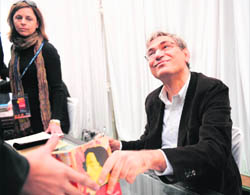 Nobel winner Turkish novelist Orhan Pamuk at a book-signing event on the first day of the Jaipur Literature Festival on Friday.