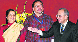 Foreign Secretary Nirupama Rao with her Pakistani counterpart Salman Bashir and Bhutans Dasho Daw Penjor during the opening of a SAARC session in Thimphu on Sunday.  PTI