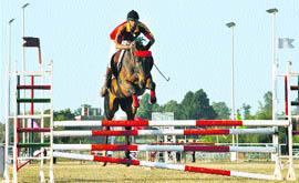 A NCC cadet of GADVASU jumps the hurdles during the annual athletics meet at the PAU in Ludhiana on Wednesday.