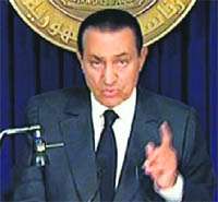 An image grab taken from Egyptian state television shows Egypts President Hosni Mubarak addressing the nation in Cairo on Thursday.