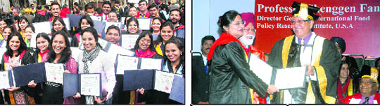 Students in a jubilant mood after getting their degrees; and (right) students hoot while Vice-Chancellor RC Sobti presents a doctorate degree to his wife Vipin Sobti at the 60th annual convocation in Panjab University on Monday
