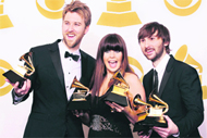 Charles Kelley, Hillary Scott and Dave Haywood of country music group Lady Antebellum pose with their awards at the 53rd annual Grammy Awards in Los Angeles. The group bagged five Grammys
