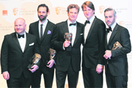 Gareth Unwin, Emile Sherman, Colin Firth, Tom Hooper and Iain Canning pose with the best film award for 'The King's Speech' at the British Academy of Film Awards at the Royal Opera House in central London
