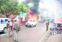 A police Gypsy that was set afire by a mob at Hansi, near Hisar