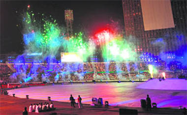 A fireworks spectacle at the opening ceremony of the Cricket World Cup at Bangabandhu Stadium in Dhaka on Thursday. The ceremony saw the captains of the 14 competing teams parading through Dhaka's historic stadium in colourfully draped rickshaws.